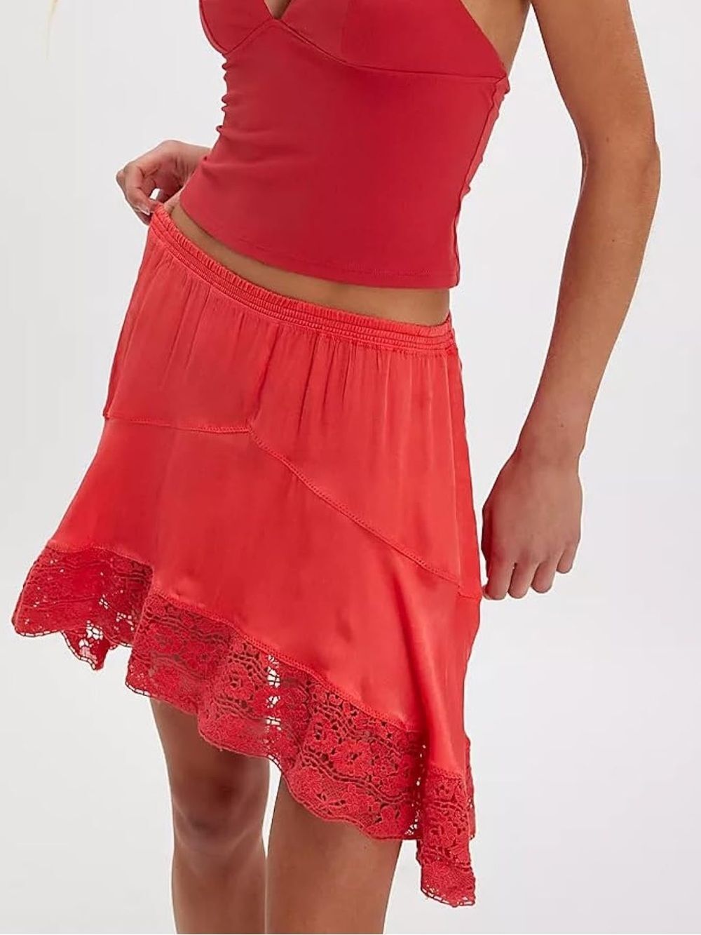 NWOT Free People Red Crochet-Hem Flared Skirt